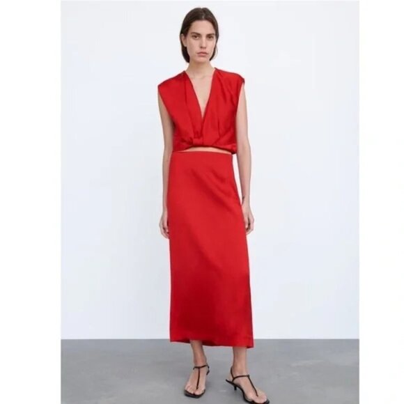 NWOT Zara red satin-effect linen blend plunge neckline sleeveless crop top, XS - Picture 7 of 13